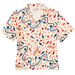 Women's Short Sleeve Camp Shirt - Natural / Whale Print